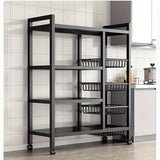 Carrito de almacenamiento industrial de metal con ruedas, organizador rodante de estantes abiertos de 4 niveles con cestas colgantes, unidad de estantería móvil multiusos para la organización de la cocina, la oficina y el hogar.