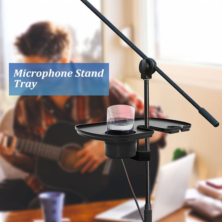 Bandeja Ajustable para Micrófono con Portavasos - ABS Negro Duradero, Ideal para Transmisiones en Vivo, Karaoke, Grabación - Diseño de Sujeción para Partituras, Púas y Accesorios