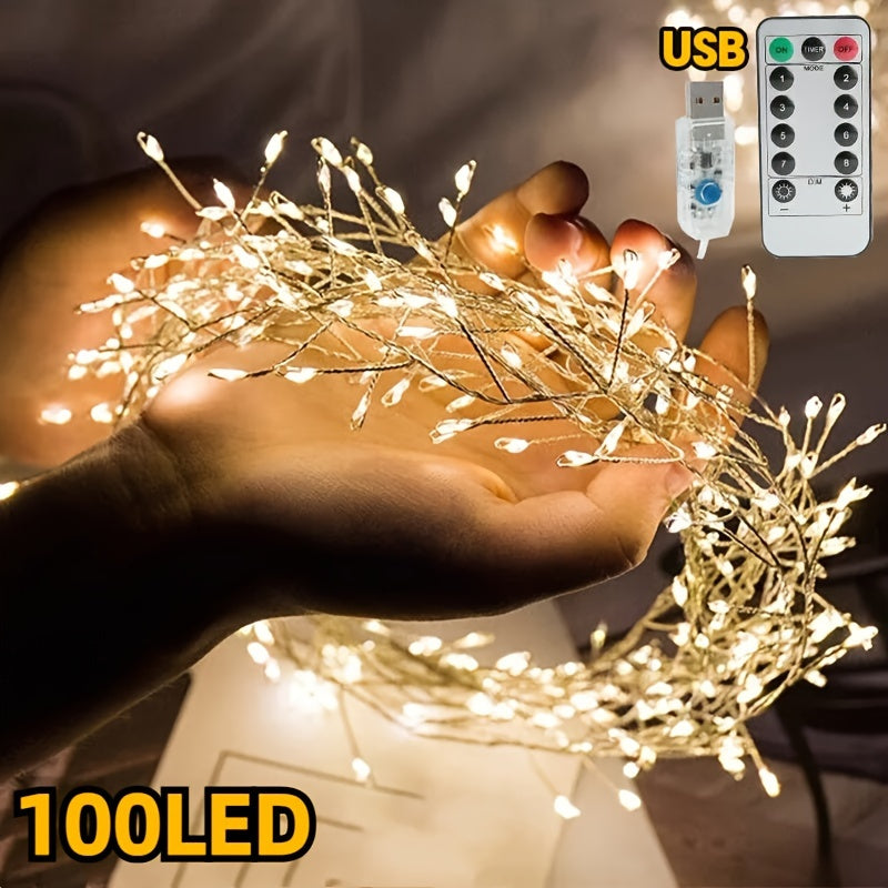1 pieza, Luz Cálida de Fuegos Artificiales con 100 LED, Cadena de Luces con Cable USB y Alambre de Cobre, Luces de Fuegos Artificiales para Fiesta Interior, Navidad, Árbol de Navidad, para Acción de Gracias