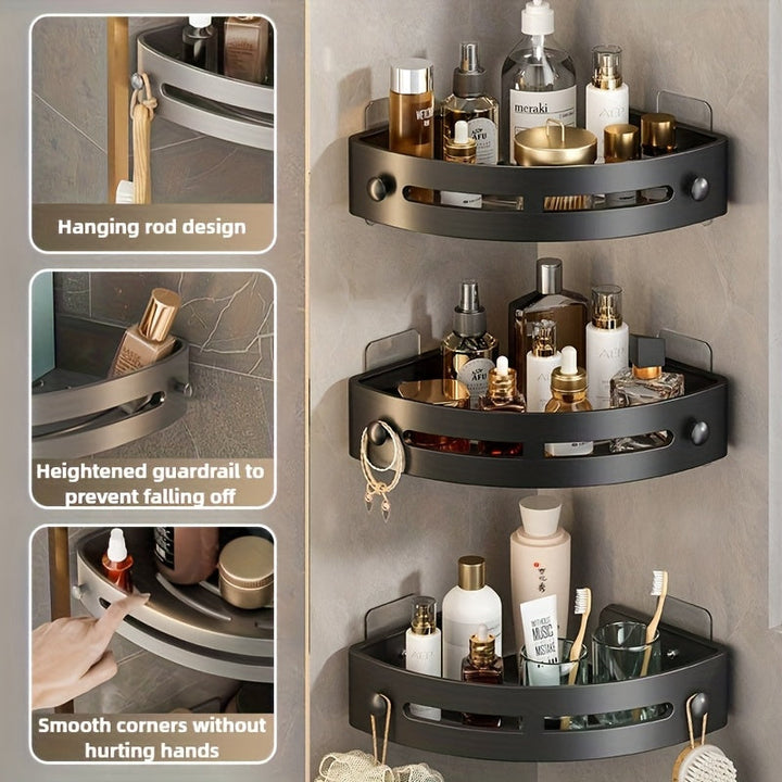 Conjunto de estanterías de esquina de 3 capas para montaje en pared, organizador de baño sin taladro para cosméticos y productos de ducha, almacenamiento de ahorro de espacio para accesorios de hogar y cocina, acabado pintado, no requiere electricidad