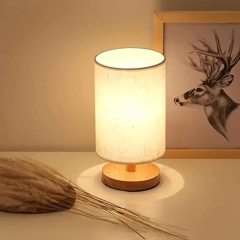 Linterna de escritorio estilo nórdico moderno con tela de lino, luz cálida y ambiental, base de madera, alimentación USB - ideal para decoración del hogar y sala