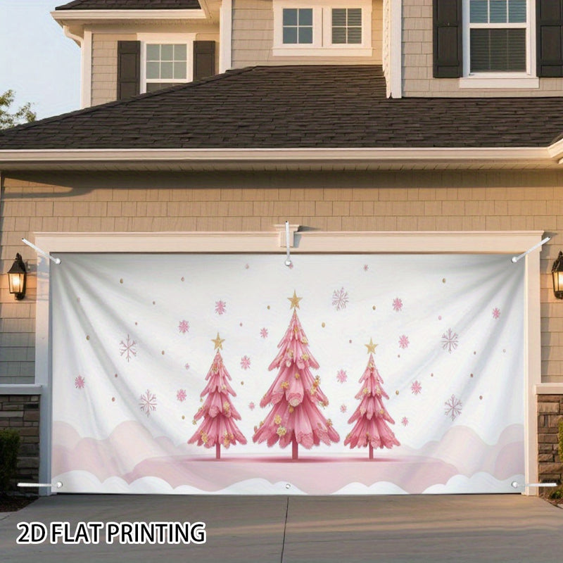 Banner de puerta 2D, 1 unidad, decoración navideña Árbol de Navidad rosa, poliéster, para regreso a clases, fiesta hawaiana, fondo de decoración de habitación, decoración de jardín exterior