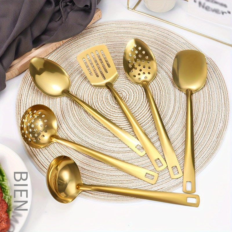 Juego de 6 utensilios de cocina de acero inoxidable - Prácticas herramientas de cocina con cuchara ranurada, espumadera, cuchara maciza, espátula, espátula ranurada - Batería de cocina multiusos duradera para el hogar y el restaurante