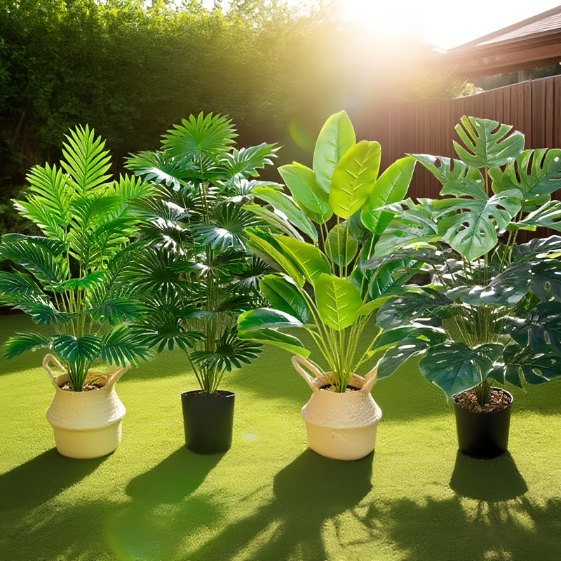Juego de 4 piezas, incluye 48 plantas artificiales de hojas grandes. Adecuadas para uso exterior—árboles decorativos de selva tropical, ideales para macetas en interiores y exteriores todo el año, bodas, hoteles, jardines, patios estilo nórdico, Día de l