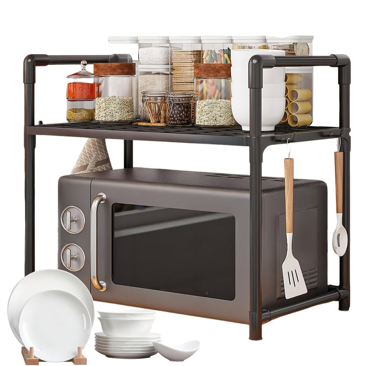 Estante de almacenamiento de cocina de varios niveles con ganchos, organizador de soporte de microondas de almacenamiento abierto, plástico duradero, no requiere ensamblaje, para especias, utensilios y electrodomésticos pequeños.