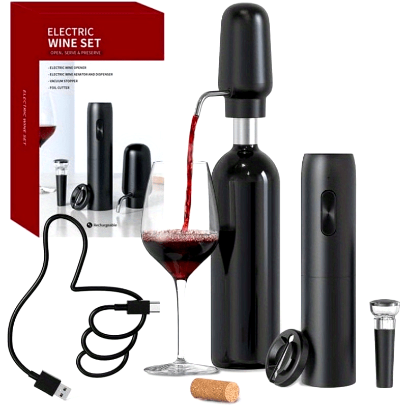 Juego de Abrebotellas Recargable 4 en 1 con Aireador, Cortador de Papel de Aluminio y Tapón de Vacío - Regalo Perfecto para Aficionados al Vino, Alimentado por USB, Negro