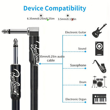 Cable de Guitarra Eléctrica Duradero de 10ft/20ft - Cable de Instrumento Macho a Hembra con Conectores de 1/4", Cable Redondo Flexible para Bajo, Teclado y Amplificador de Audio - Negro con Bandas de Goma Organizadoras, Accesorios para Guitarra Eléctrica