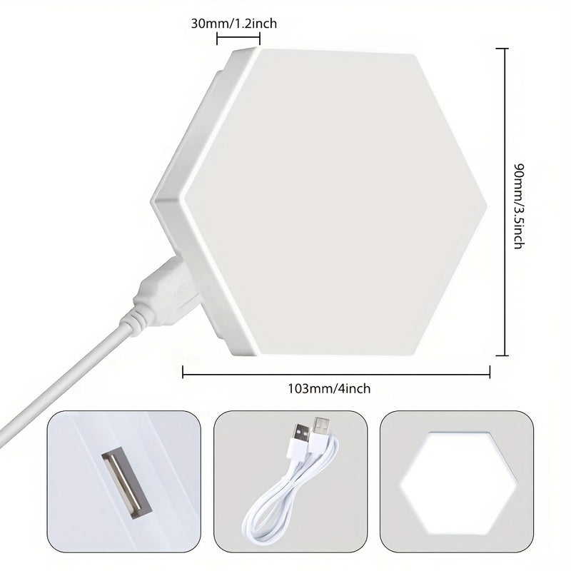 6-Pack de luces LED hexagonales de pared con control táctil, montaje DIY, iluminación blanca neutra de bajo consumo con luz nocturna táctil, material plástico, montaje en pared, iluminación hacia arriba, alimentación USB, no incluye batería.