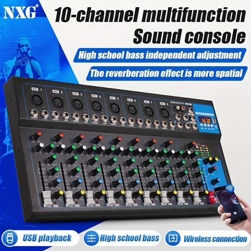 Consola de mezcla profesional NXG de 10 canales con reproducción USB, construcción de aleación, fuente de alimentación operada 110-130V, enchufe estadounidense, mezclador de DJ para presentaciones en escenarios con 99 efectos de reverberación incorporado