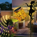 Regadera decorativa retro de metal con linterna solar y luces de cuerda, luz solar para montar en pared exterior - adecuada para senderos de jardín, mesas y como regalo de jardinería. Incluye diseño tallado de ángel y mariposa y batería solar