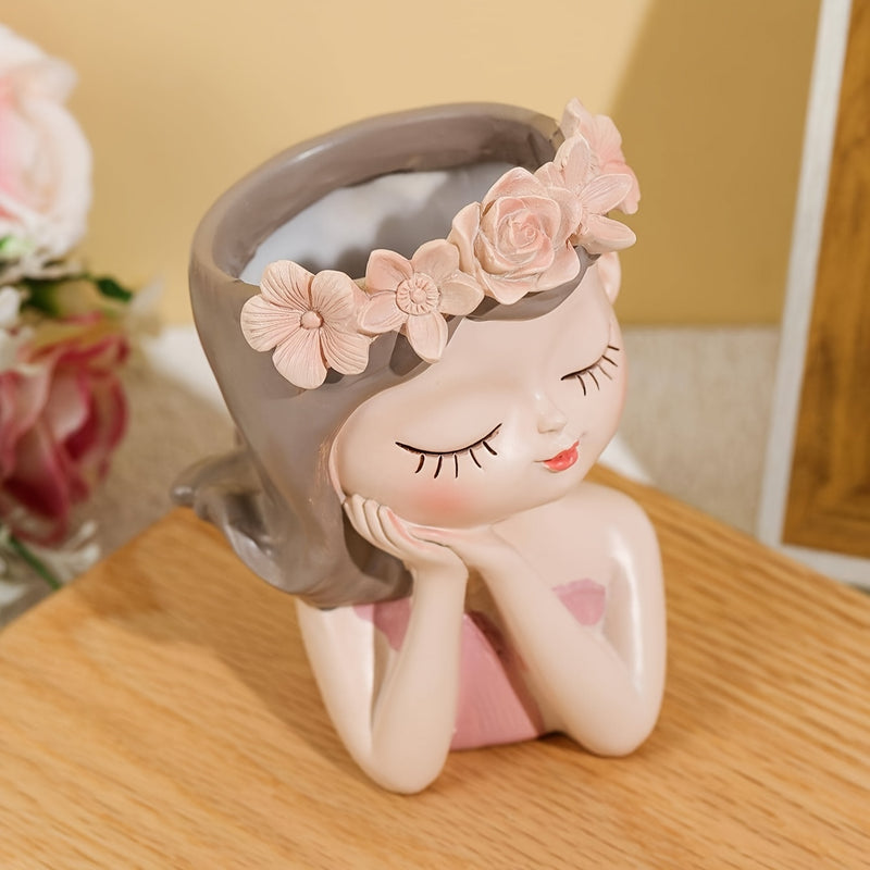 1 unidad, florero de resina, diseño de figura de niña, maceta decorativa, decoración para el hogar, centro de mesa, acento para interiores, decoración floral rosa