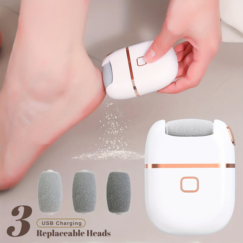 Un desmastrillador eléctrico recargable con tres cabezas intercambiables, cabeza gruesa para pulido pesado, portátil y fácil de usar, carga USB, cuida la piel agrietada, elimina el pie, limpiador de pies, herramienta de cuidado de pies.