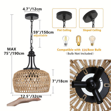 Lámpara de Techo Boho de Granja de 3 Luces con Pantalla de Ratán Tejido – Aplique de Lámpara Costera para Comedor, Cocina, Dormitorio, Pasillo de Isla – Base E26, Acabado Metálico, Lámparas de Techo para Comedor