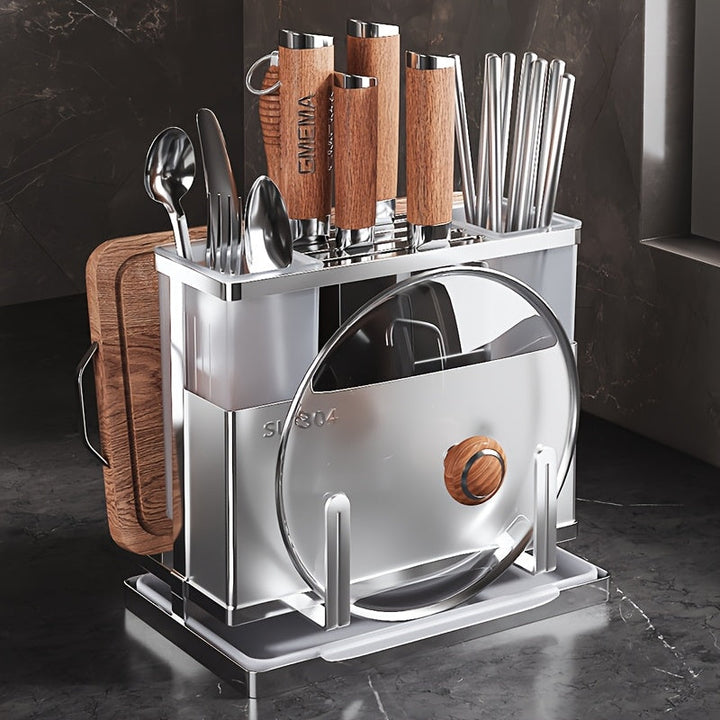 1pieza Porta cuchillos de acero inoxidable con bandeja de drenaje, estantería de almacenamiento de cocina de escritorio, tablero de corte multifuncional para cuchillo, tenedor y organizador de utensilios, resistente a la corrosión y ahorrador de espacio