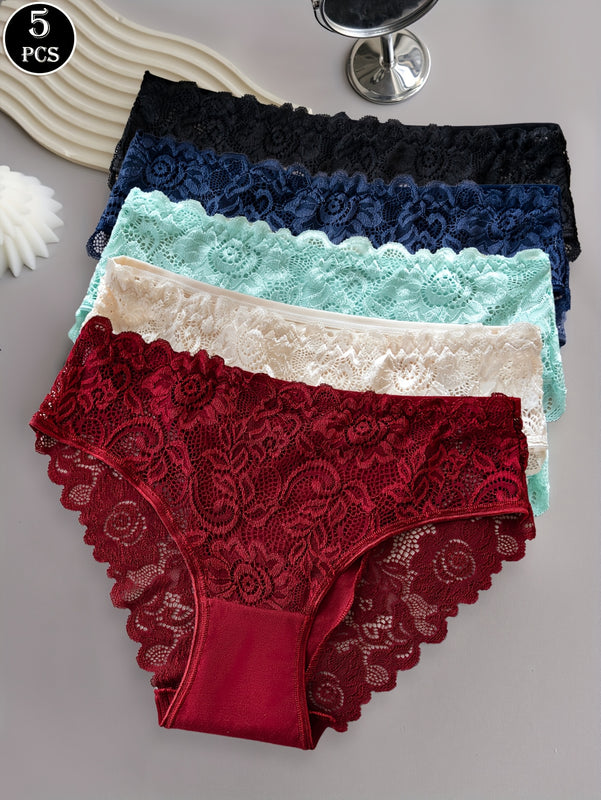 Conjunto de 5 Bragas de Encaje Floral, Bragas Triangulares Cómodas para Mujer con Ribete de Encaje
