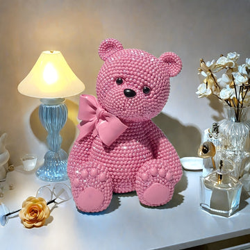 Figura de Oso con Lazo Rosa Adorable - Teddy de Resina con Temática de Amor y Acabado Perlado, Ideal para San Valentín, Navidad, Decoración de Año Nuevo | Regalo Perfecto para Vitrinas, Dormitorio y Detalles de Habitación