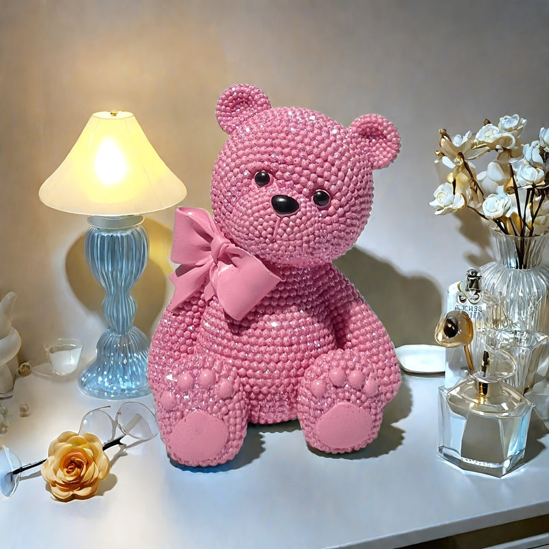 Figura de Oso con Lazo Rosa Adorable - Teddy de Resina con Temática de Amor y Acabado Perlado, Ideal para San Valentín, Navidad, Decoración de Año Nuevo | Regalo Perfecto para Vitrinas, Dormitorio y Detalles de Habitación