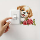 1 Adhesivo de interruptor de pared con cachorro adorable y rosas, divertido vinilo 3D, perfecto para dormitorio, baño, fácil de aplicar y quitar, decoración estética del hogar, decoración de la habitación, embellece tu hogar