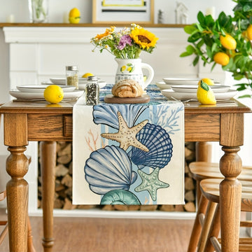 1 pieza de cubre mesa de lino con diseño de conchas marinas y estrellas de mar, 100% lino tejido, decoración rectangular para mesa, hogar, fiestas con temática de primavera, verano y océano