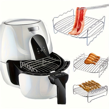 Conjunto de 5, Un conjunto de accesorios para bandeja de freidora de aire de acero inoxidable, bandeja de pinchos de doble capa redonda, compatible con la mayoría de las freidoras de aire, bandeja de parrilla multiusos con pincho para cocinar y apta para
