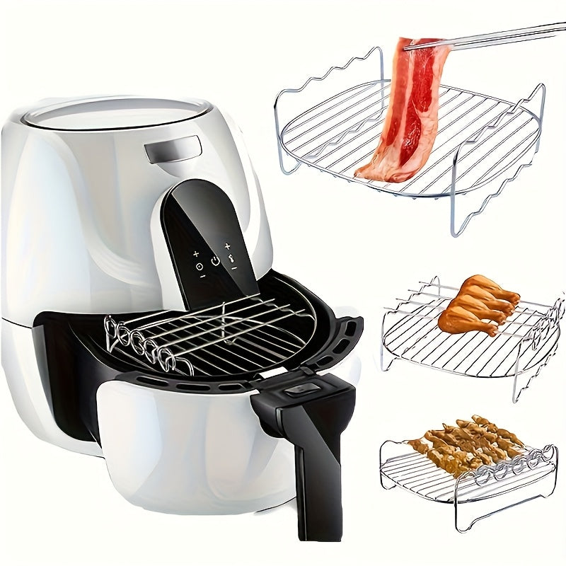 Conjunto de 5, Un conjunto de accesorios para bandeja de freidora de aire de acero inoxidable, bandeja de pinchos de doble capa redonda, compatible con la mayoría de las freidoras de aire, bandeja de parrilla multiusos con pincho para cocinar y apta para