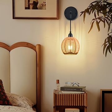 2 piezas de apliques de pared modernos estilo bohemio rústico con pantallas de ratán tejido a mano, montaje semiempotrado en metal pulido, luces desmontables para dormitorio, sala, pasillo (sin focos incluidos), iluminación de pared para dormitorio | Apl