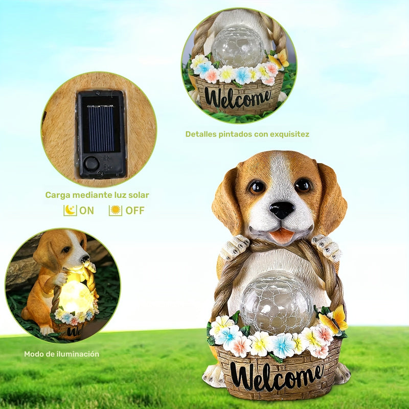 1pc Decoración De Jardín Perro Energía Solar Animal Decoración Señal De Bienvenida, Estatua Luz Nocturna, Luz De Resina Artesanal De Jardín