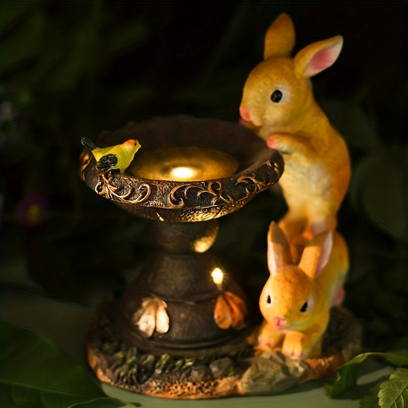 Lámpara solar exterior creativa con adorno de doble conejo bebiendo, hecha de resina, perfecta para iluminación de jardín y patio. Ideal para porche, jardín y decoración de jardinería, es un gran regalo para mujeres y abuelas. Esta estatua de resina para