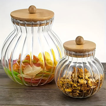 1 frasco de vidrio rayado con tapa de bambú - Contenedor multiusos reutilizable para pan, galletas, dulces, té y condimentos