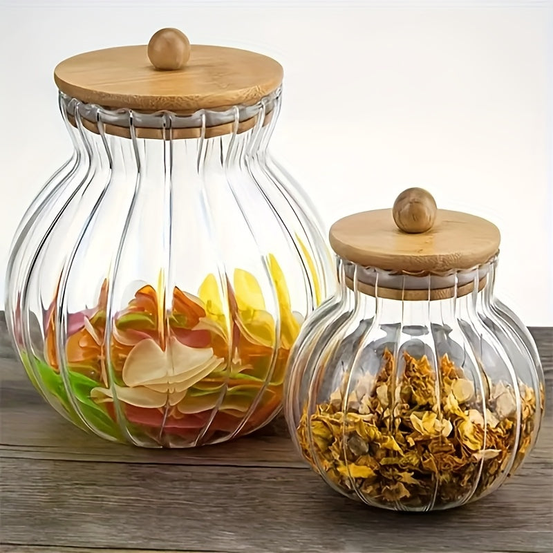 1 frasco de vidrio rayado con tapa de bambú - Contenedor multiusos reutilizable para pan, galletas, dulces, té y condimentos