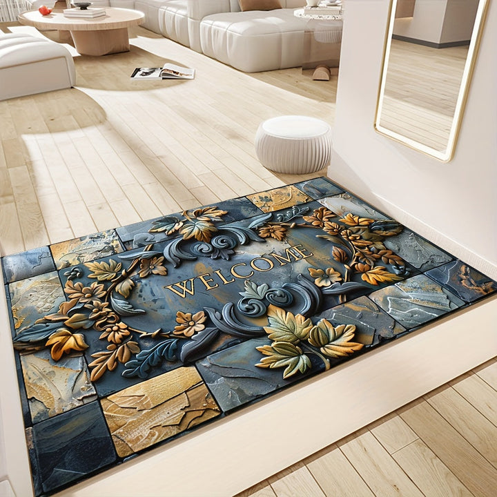Alfombra de Bienvenida con Relieve de Piedras y Plantas de Lujo 2D - Antideslizante, Alta Calidad, Lavable en Máquina, Poliéster, Adecuada para Decoración del Hogar y Exterior - Ideal para Entrada, Sala de Estar, Baño