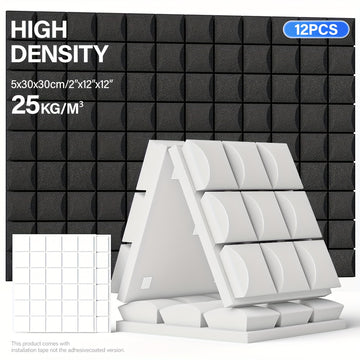 12 paneles de espuma acústica de alta densidad, 30.48x30.48x5.08 cm - Paneles ignífugos para reducción de ruido, ideal para salas de juegos, cines en casa y oficinas, instalación rápida con cinta doble cara (gris/negro/blanco/azul), paneles acústicos par
