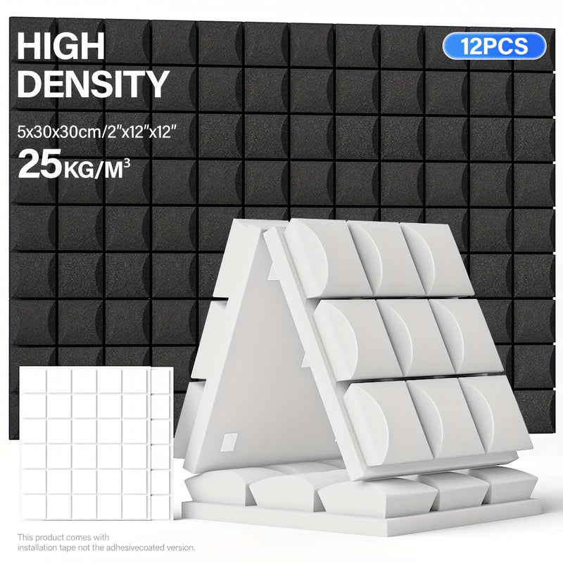 12 paneles de espuma acústica de alta densidad, 30.48x30.48x5.08 cm - Paneles ignífugos para reducción de ruido, ideal para salas de juegos, cines en casa y oficinas, instalación rápida con cinta doble cara (gris/negro/blanco/azul), paneles acústicos par