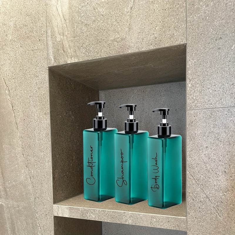 Set de 3 botellas recargables de plástico de 500 ml para champú, acondicionador y gel de baño con etiquetas impermeables para decoración del baño en casa - Contenedores de jabón para la ducha sin necesidad de electricidad