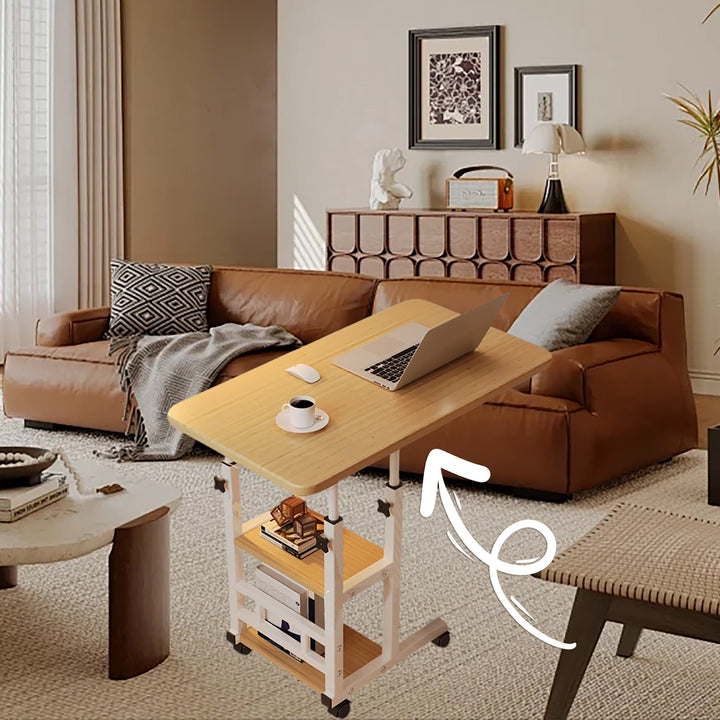 Mesita Ajustable en Altura con 4 Ruedas - Estante Giratorio de Doble Nivel 360°, Estilo Retro para Sala, Dormitorio o Estudio - Sin Necesidad de Energía, Fácil Montaje, Construcción en Madera/Metal, Diseño Moderno y Versátil, Mueble Resistente para Hogar