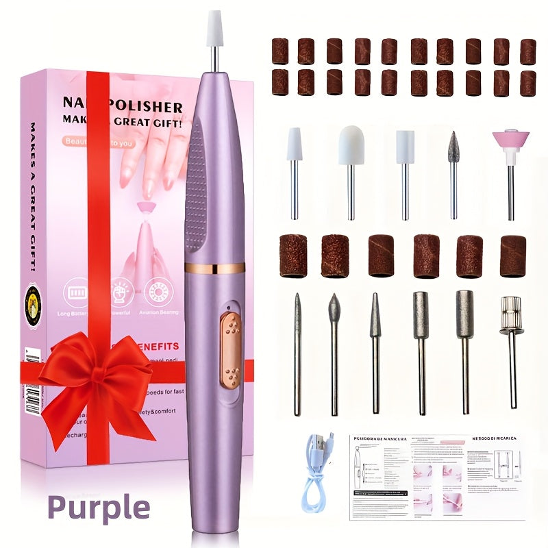 Kit de lima eléctrica para uñas - Conjunto de manicura y pedicura portátil con carga USB, 20 brocas, conjunto de pulido, cinta de lijado y herramientas de recorte de uñas - Ideal para uso en salón de casa y regalos, accesorios de taladro de uñas