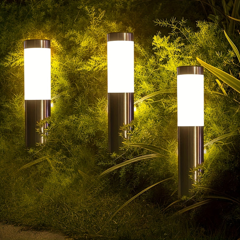 Luces solares LED para césped, luces decorativas de paisaje cilíndricas de acero inoxidable, ideales para patios, jardines, caminos, aceras y espacios exteriores con ambiente festivo