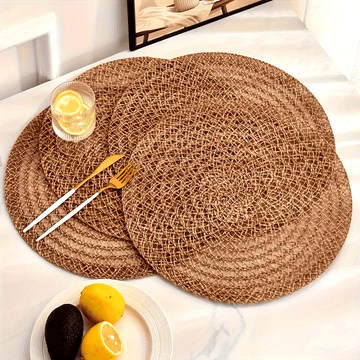 6pcs Elegantes Manteles Redondos Bohemios - Antideslizantes y Aislados Térmicamente de Yute Natural, Fáciles de Limpiar para Cenas, Comidas Familiares & Uso Diario, Tapetes de Cocina, Vajilla Rústica, Solo Lavado a Mano