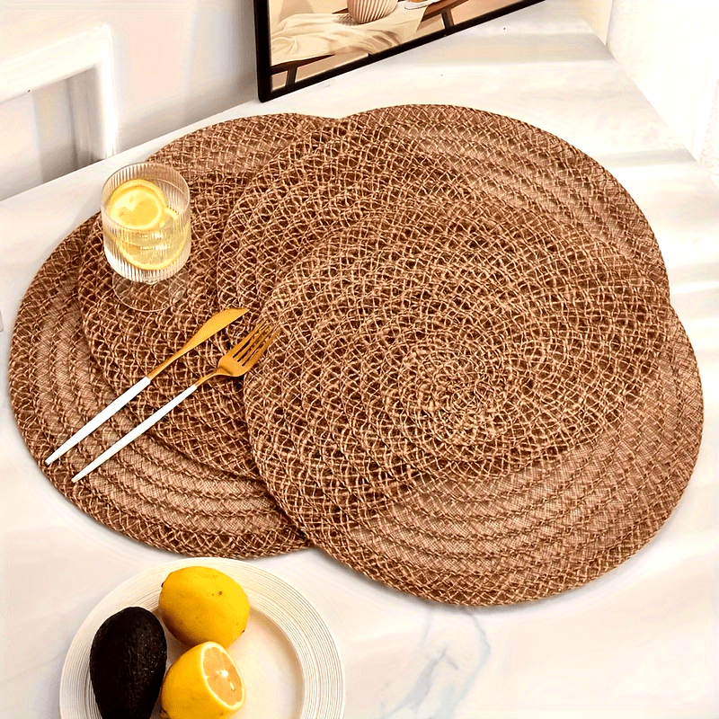6pcs Elegantes Manteles Redondos Bohemios - Antideslizantes y Aislados Térmicamente de Yute Natural, Fáciles de Limpiar para Cenas, Comidas Familiares & Uso Diario, Tapetes de Cocina, Vajilla Rústica, Solo Lavado a Mano
