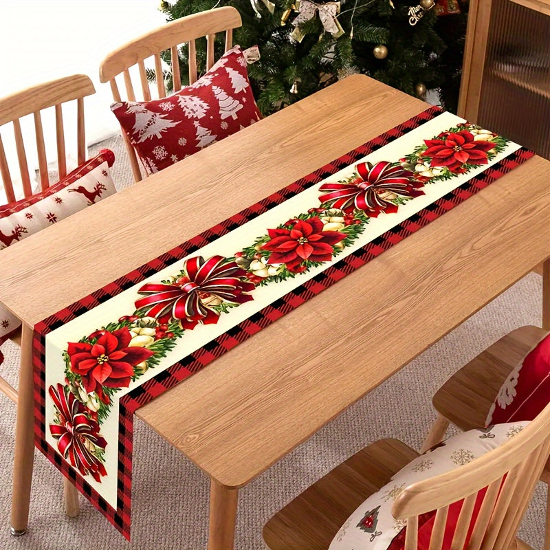 Mantel de mesa floral navideño - Bandera de mesa rectangular tejida de poliéster con diseño de cuadros rojos y negros, decoración de mesa navideña para comedor, café, cocina y decoración de fiestas - 1 pieza