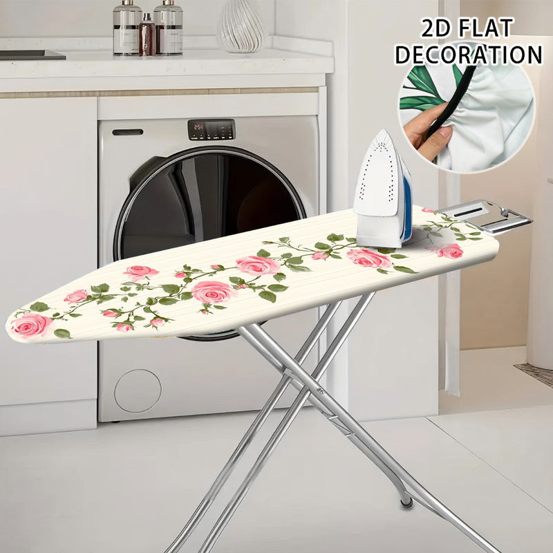 1 Funda de Tabla de Planchar Tamaño Completo - Diseño Plano 2D con Estampado Floral (Rosas Rosadas y Hojas Verdes), Relleno Antiadherente, Bordes Elásticos, Lavable a Máquina - Ajuste para Mesas de Planchar Estándar, Accesorio Decorativo para Lavandería,
