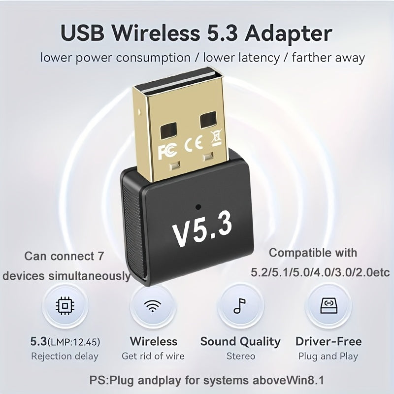 Adaptador de red USB '5.3 Adaptador inalámbrico, enchufa y juega sin controlador, admite conexiones de varios dispositivos para auriculares/altavoces/tabletas/teclados y ratones/controladores de juegos/máquinas de grabado/ordenadores/teléfonos móviles