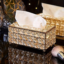 Soporte Elegante para Caja de Pañuelos de Metal con Detalles en Cristal, Blanco y Dorado, Tapadera Extraíble, Forma Rectangular, Ideal para Cocina, Comedor y Decoración del Hogar