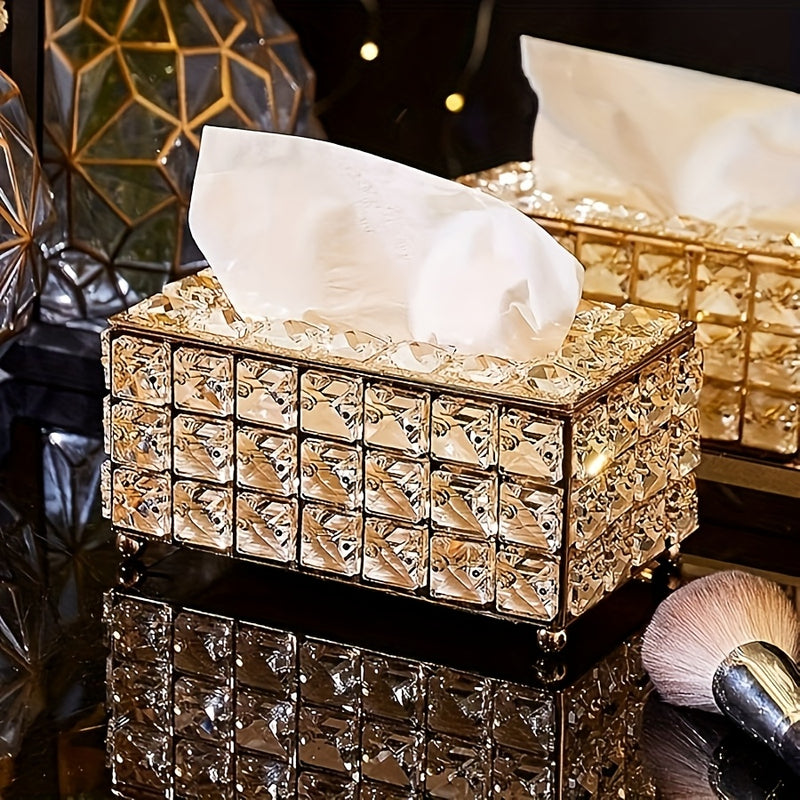 Soporte Elegante para Caja de Pañuelos de Metal con Detalles en Cristal, Blanco y Dorado, Tapadera Extraíble, Forma Rectangular, Ideal para Cocina, Comedor y Decoración del Hogar