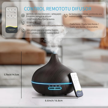 Difusor de aceites esenciales de 550 ml, difusor para el hogar con control remoto, tecnología de ondas sonoras 5 en 1, apagado automático, 4 configuraciones de tiempo, 7 luces LED para dormitorio, oficina o casa
