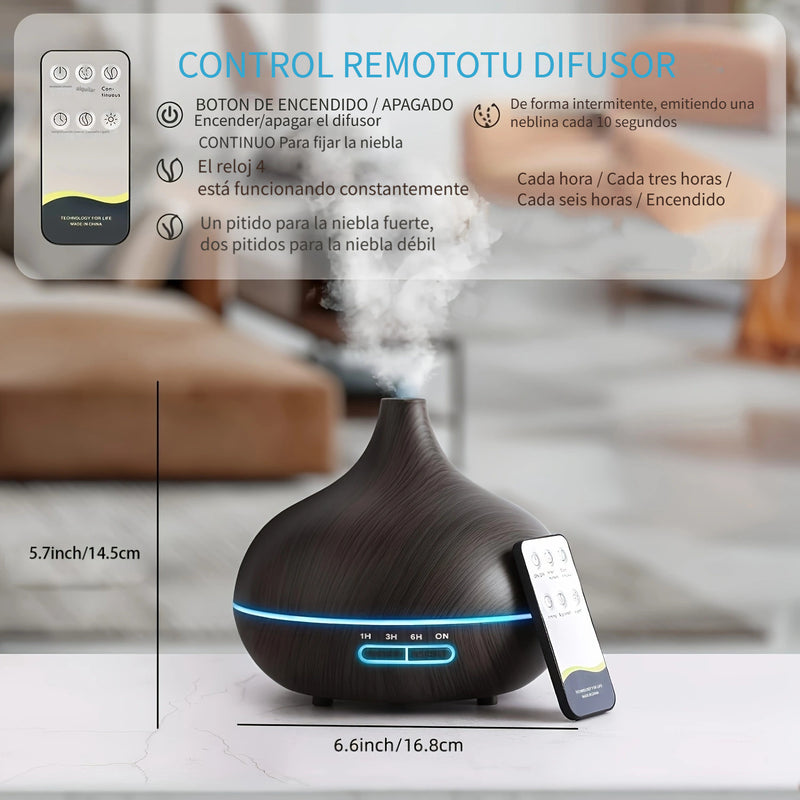 Difusor de aceites esenciales de 550 ml, difusor para el hogar con control remoto, tecnología de ondas sonoras 5 en 1, apagado automático, 4 configuraciones de tiempo, 7 luces LED para dormitorio, oficina o casa