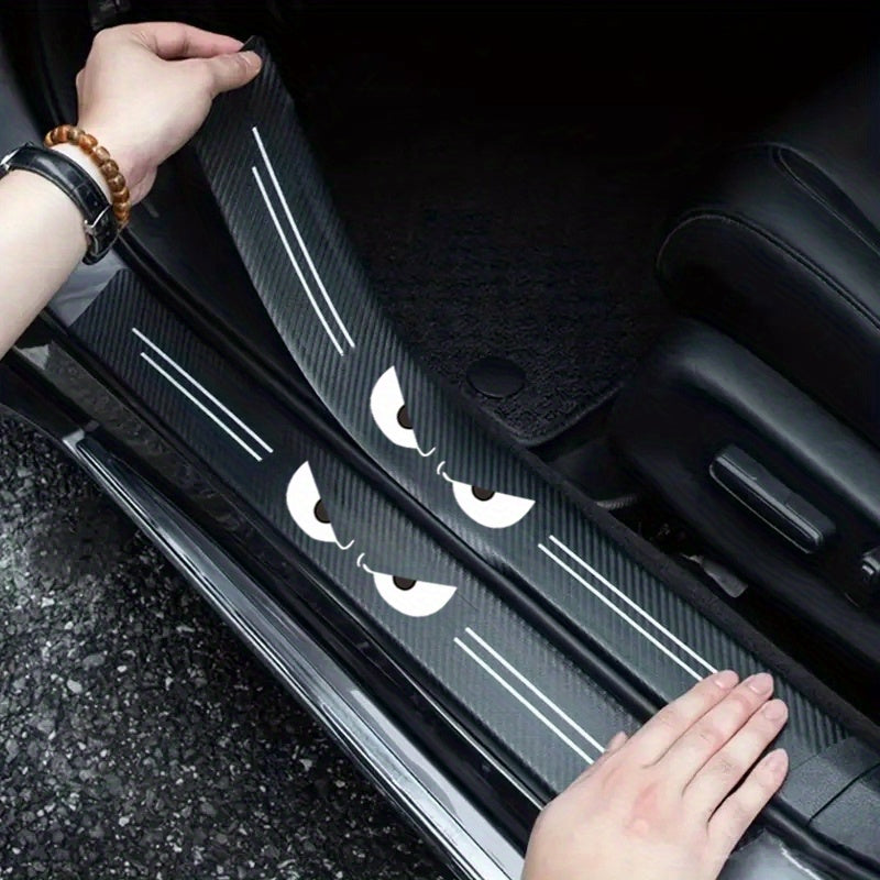 9 piezas de protector para umbral de auto con diseño de ojo de diablo, resistente a rayones y antideslizante, instalación con adhesivo, apto para todos los autos - negro con franjas blancas, protección para umbral de auto | decoración de auto elegante |