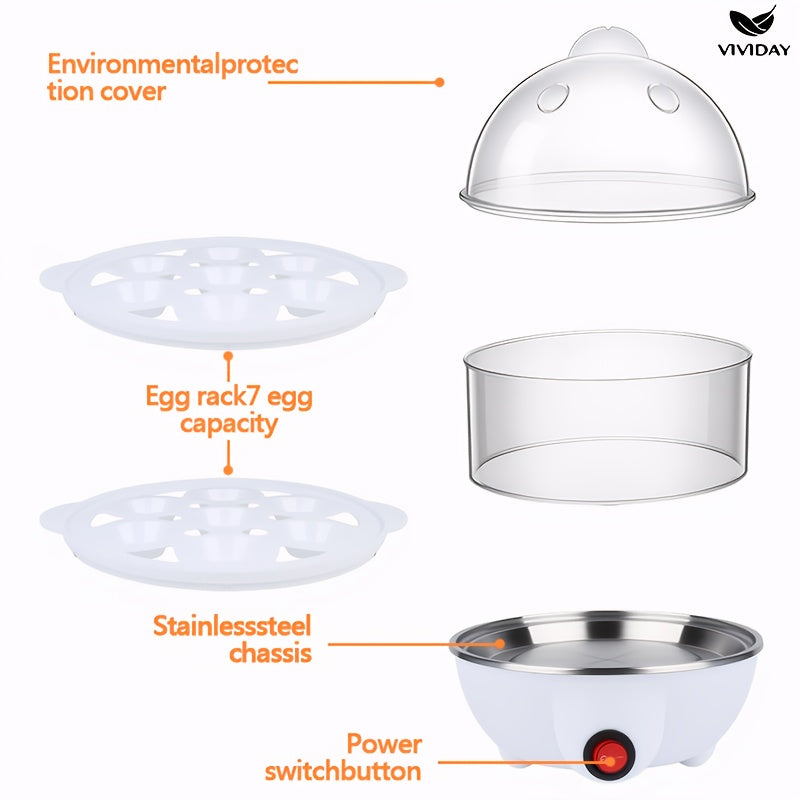 VIVIDAY Cocinador de Huevos de Doble Capa, Blanco, Enchufe de EE. UU., Material PP, 110V, Operación de 1 botón, Control de Temperatura Preciso, Anti-Quemaduras, Antiadherente, con Sartén, para Cocina, Dormitorio, Uso Doméstico, Cocina 14 Huevos a la Vez