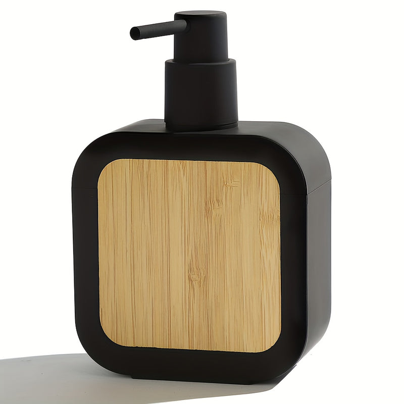 Dispensador de Jabón Negro Elegante con Tapa de Bambú - Plástico Libre de Ftalatos, Ideal para Baño y Cocina, Diseño Independiente, No Necesita Energía, Dispensador de Jabón para Baño
