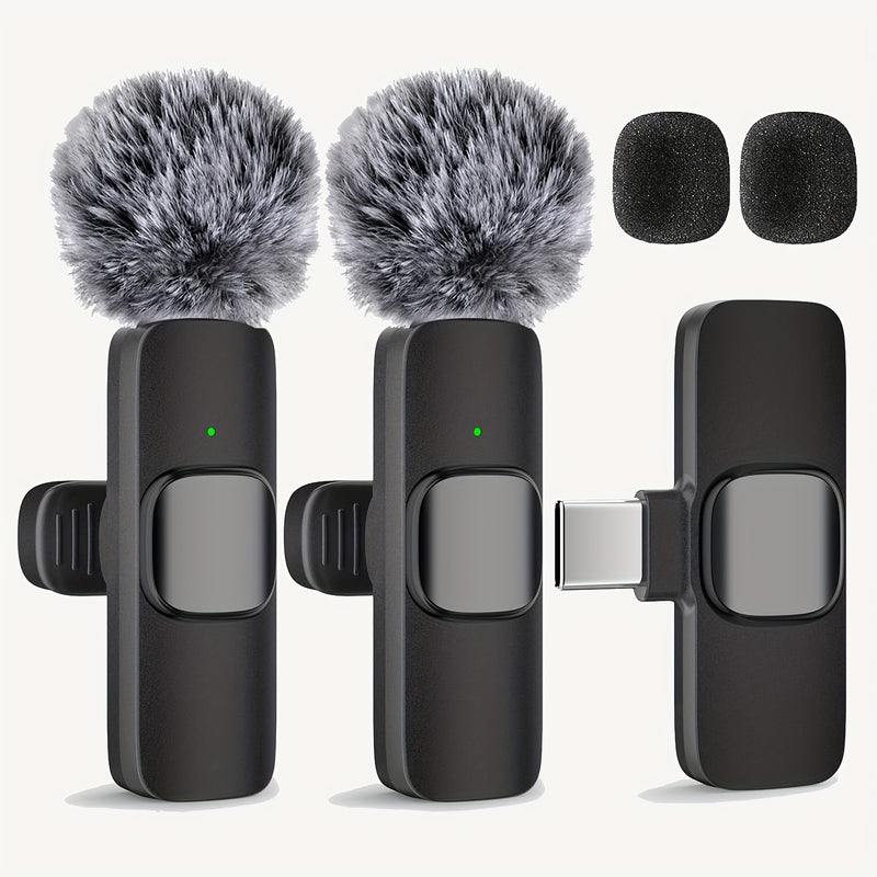 Sistema de micrófono lavalier inalámbrico con clip, omnidireccional, USB-C, grabación de un toque, carga USB, con batería de polímero de litio recargable, para streaming y videoconferencia